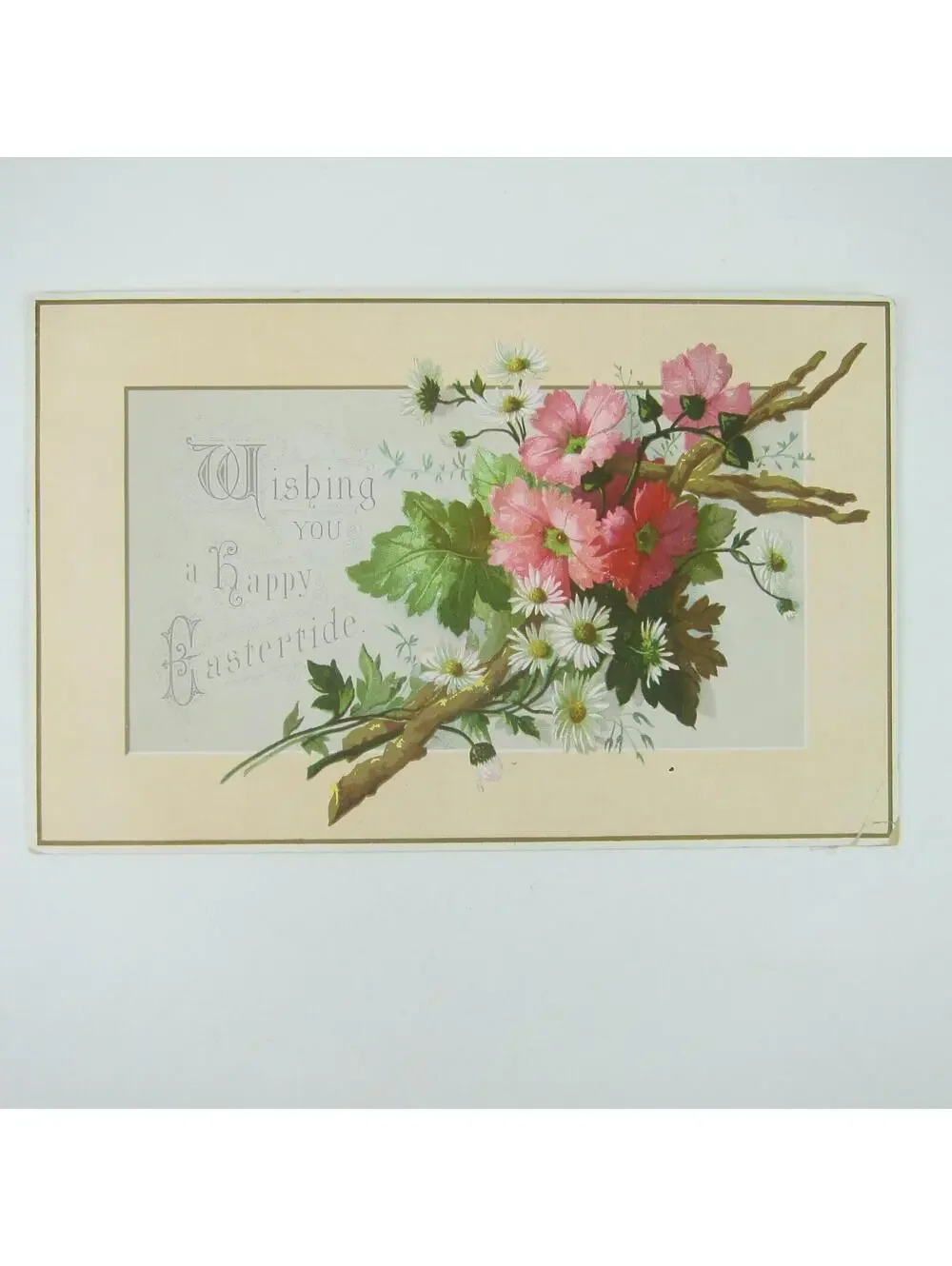 Victorian Greeting Card Easter Pink Flowers White Daisies Green Leaves Antique
